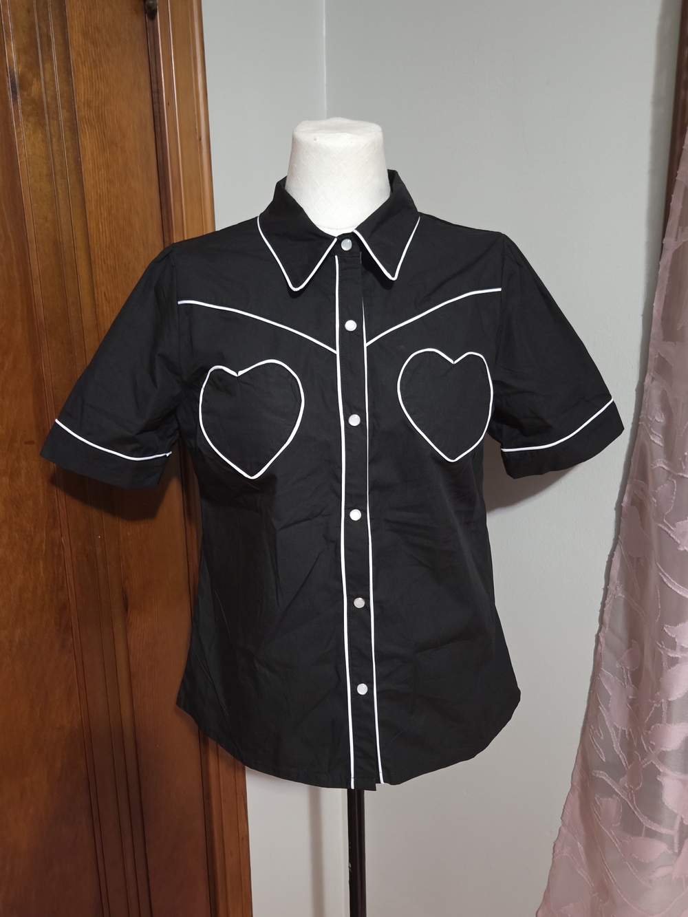 Unique Vintage Black Button-Down Shirt with White Piping and Heart Pockets